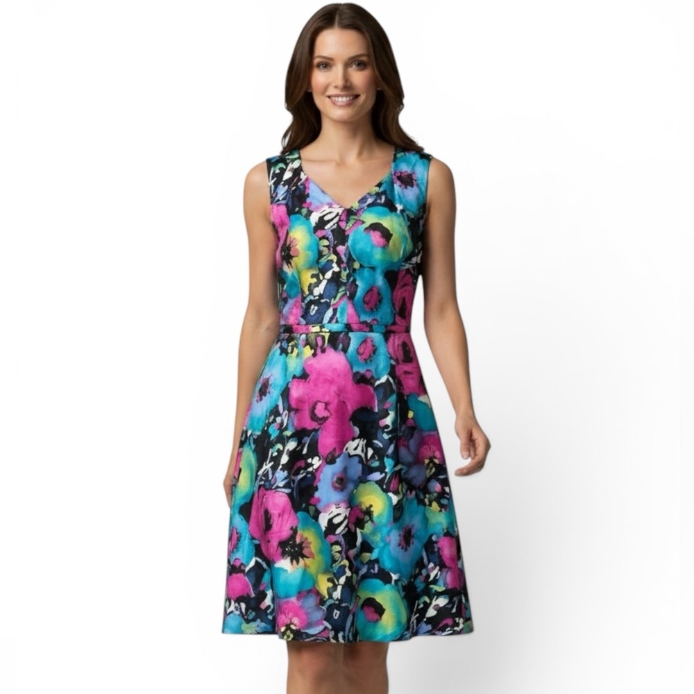 Evan Picone Watercolor Floral A-Line Sleeveless V-neck Garden Party Sheath 12